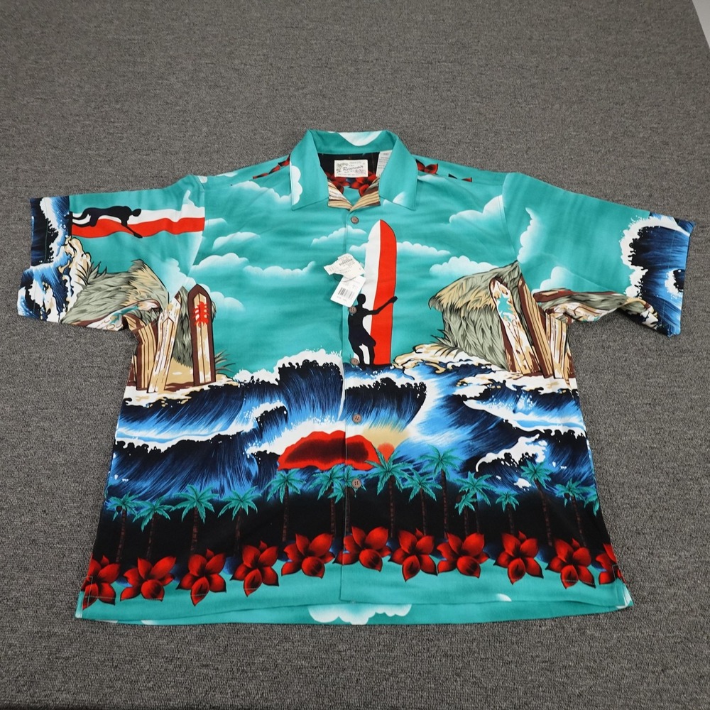 Vintage Reservoir Shirt‎ Mens 2XL Blue Hawaiian Surf Short Sleeve Button Up 90s